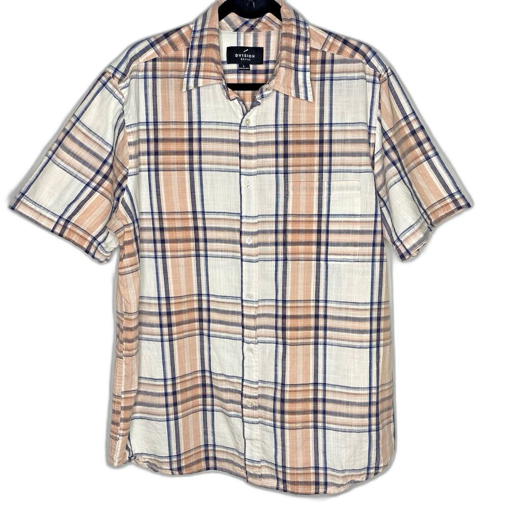 Dvision Plaid Shirt Mens L Button Down Short Sleeve Pocket Blue Peach White